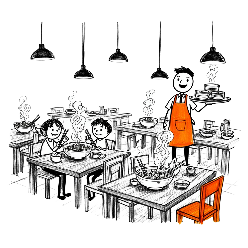 Hand-drawn sketch of a busy restaurant with stick-figure waiter serving pho to seated customers