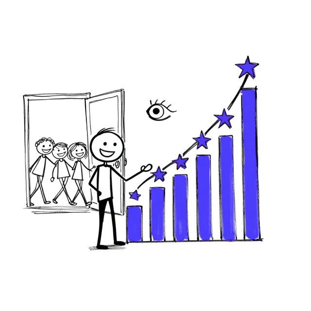 Sketch of an owner pointing at a rising bar chart with stars