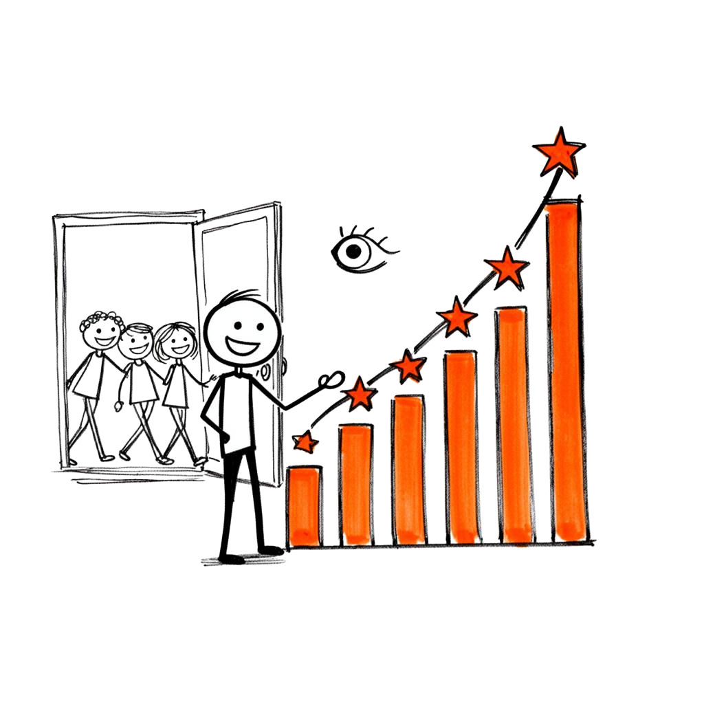 Sketch of an owner pointing at a rising bar chart with stars