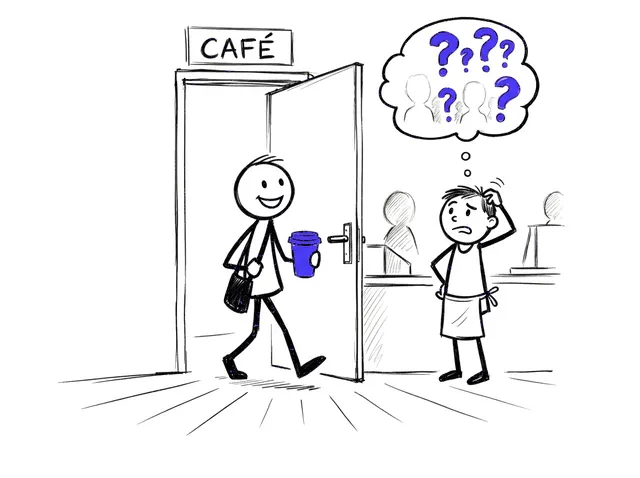 Sketch of a smiling waiter walking out with a suitcase, owner left confused