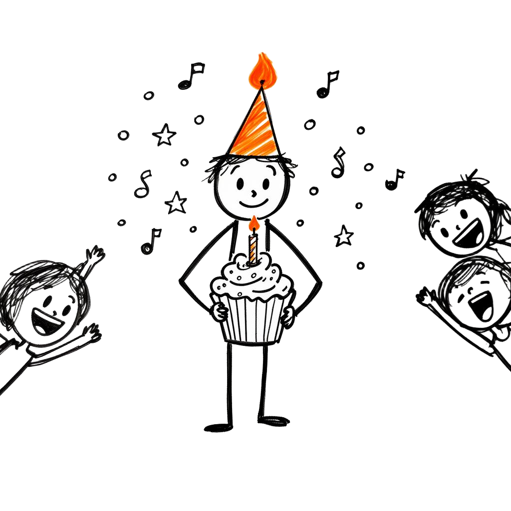 Stick figure with party hat and cupcake, friends cheering