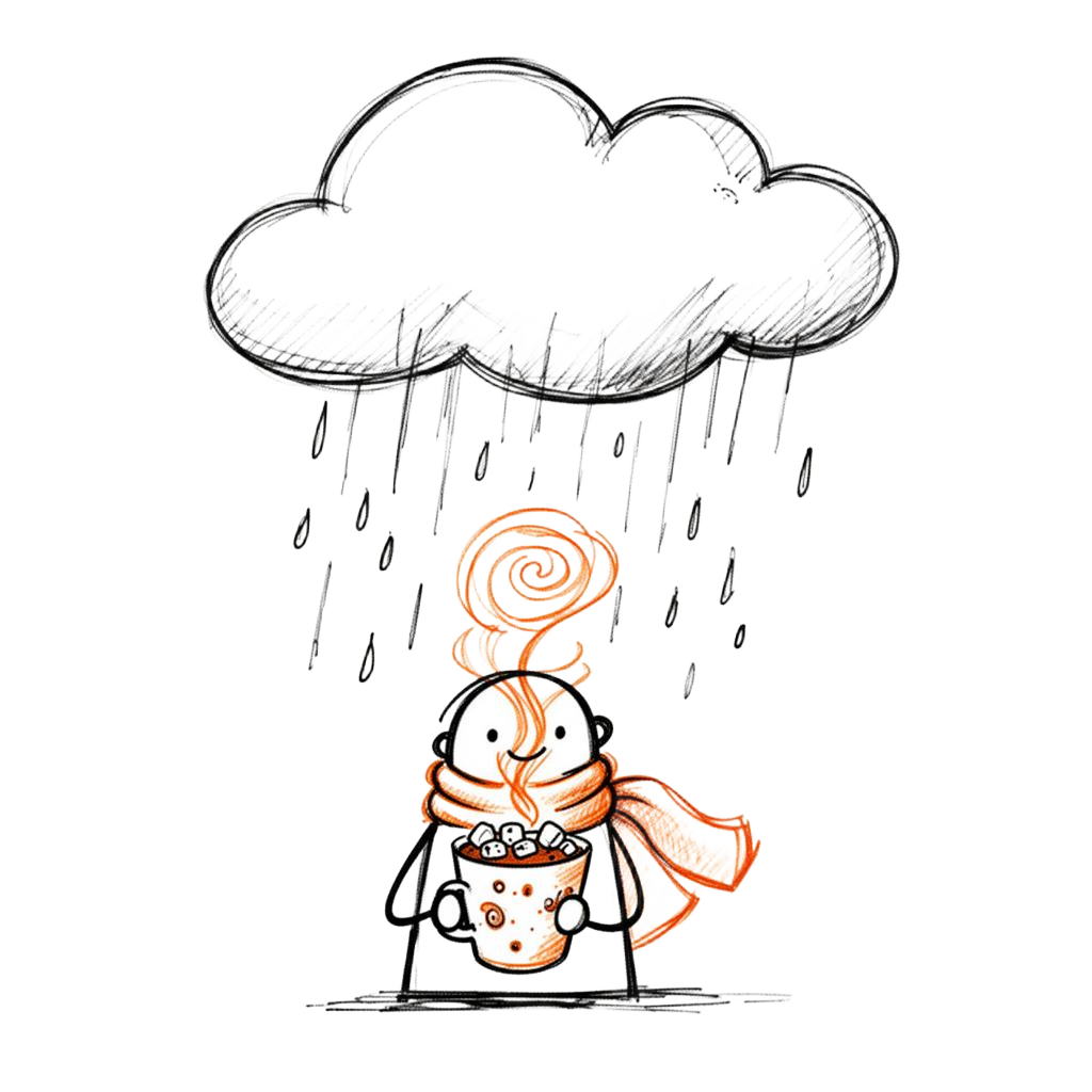 Stick figure under rain cloud holding hot chocolate with marshmallows