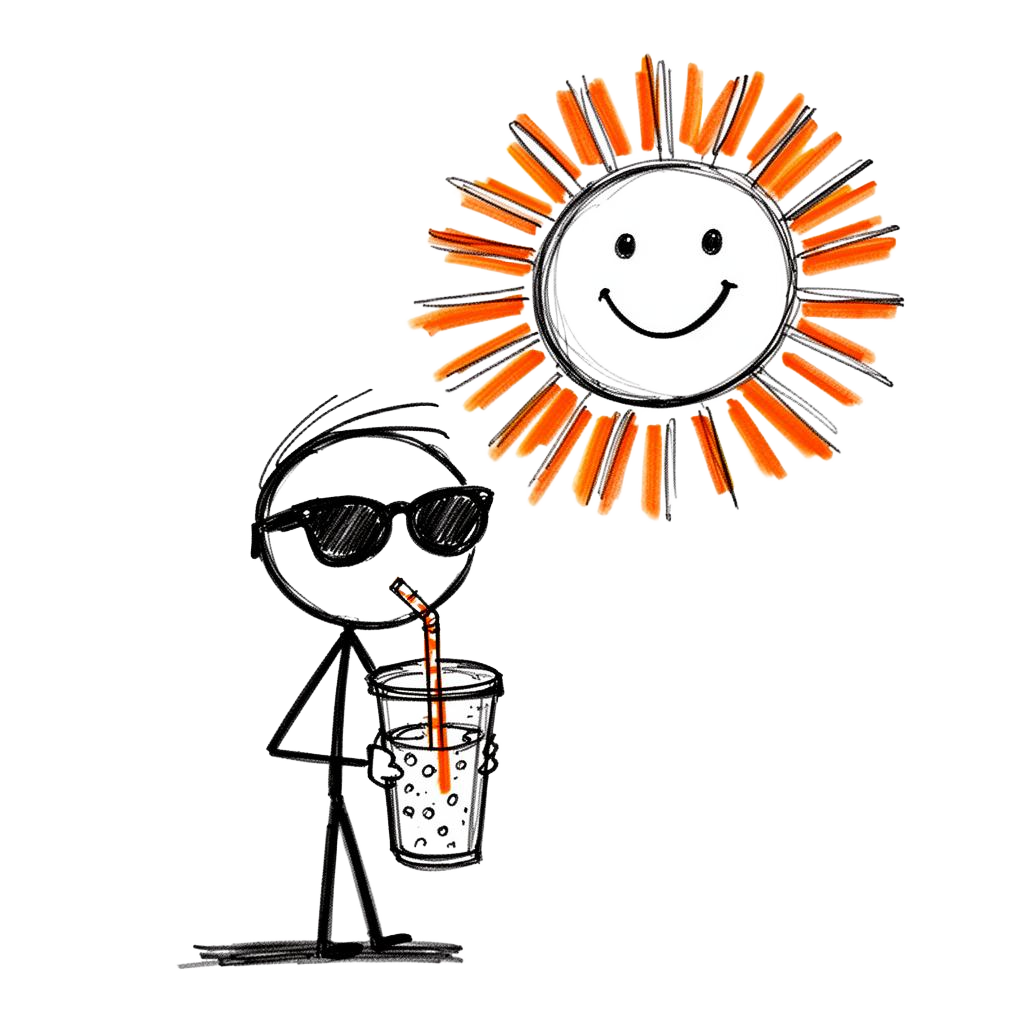 Stick figure with sunglasses sipping iced coffee under a smiling sun