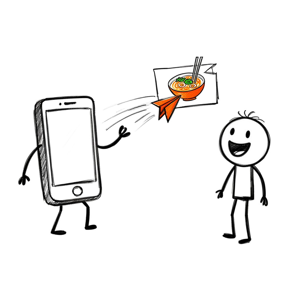 Sketch of phone sending a paper-plane SMS with a pho bowl to a customer